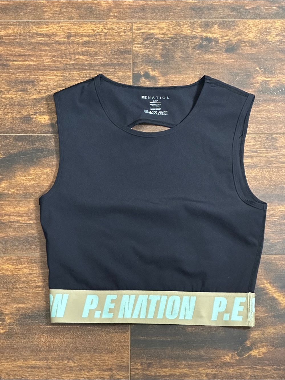 🦋P.E Nation Black Crop Tank with Tan Branded Band and Light Blue Logo🖤💙 - Picture 1 of 8